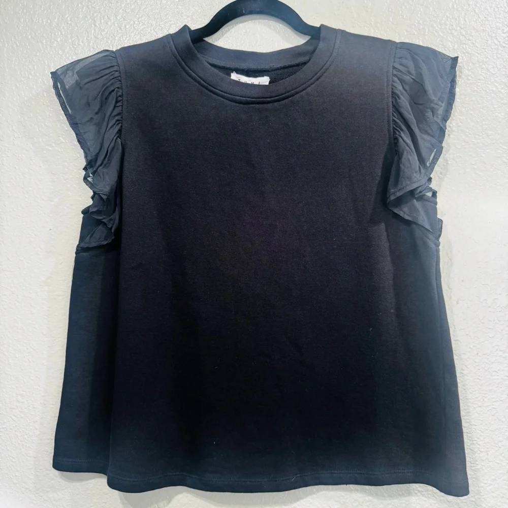 New THML Danica French Terry Black Ruffle Sleeve Top Size Medium - Picture 3 of 10